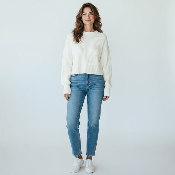 Lulus Cream Ribbed Knit Long Sleeve Cropped‎ Pullover Sweater  Size L - Picture 2 of 9